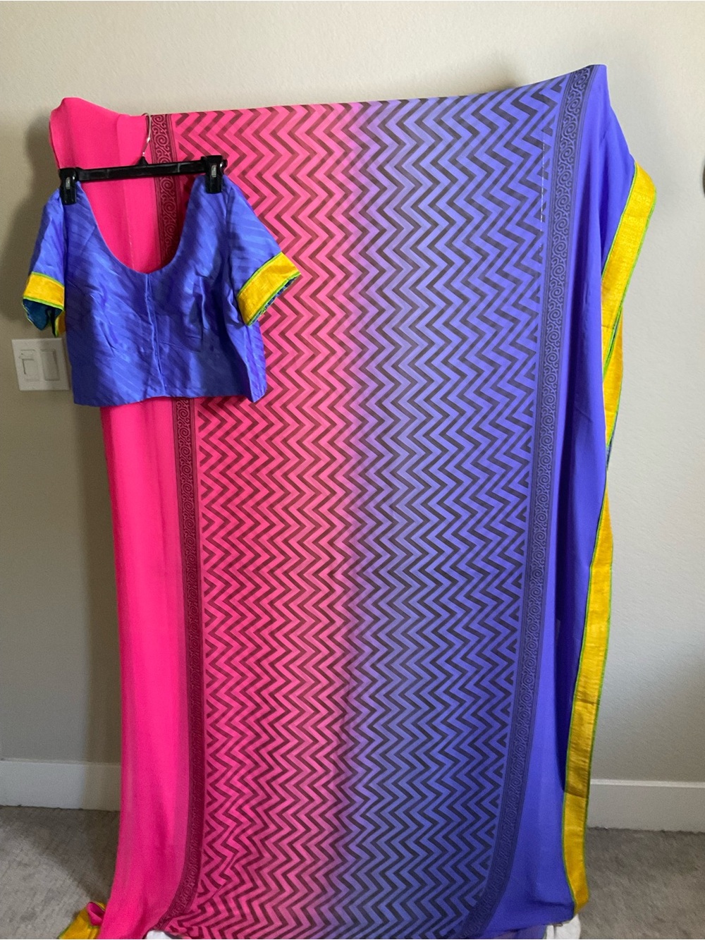 Pink and Purple Ombre Saree with Blue Blouse and Yellow Trim